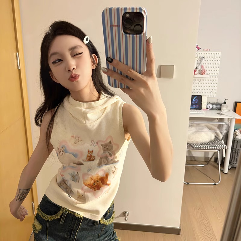 -6535棉米妮250g數碼直噴背心女甜酷風無袖T恤連帽