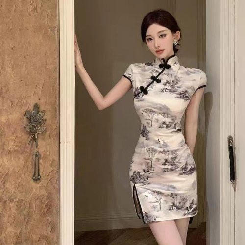 New Chinese-style temperament improved retro national style girl's daily cheongsam summer slimming dress with waist and slits