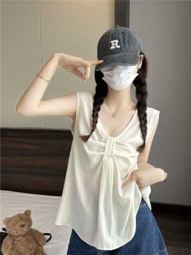 Actual shot ~ Summer new bow V-neck solid color vest shirt