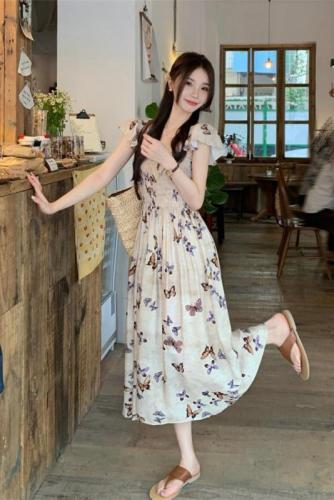 Actual shot of small butterfly mid-length skirt for spring and summer new A-line waist slimming square collar printed cake skirt dress for women