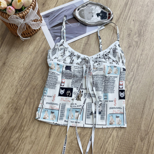 FunnJ Fangji rebellious little meow retro cat print outer camisole female navel hot girl short top