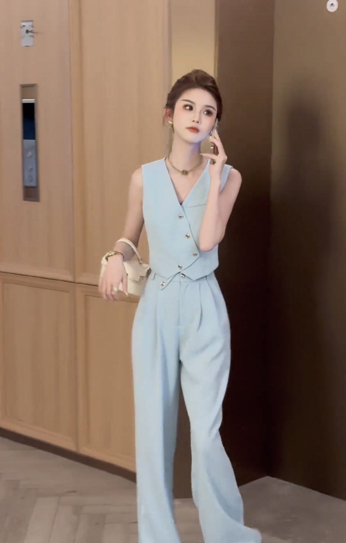 韓版漂亮時尚減齡v領背心+高腰闊腿褲顯瘦套裝女