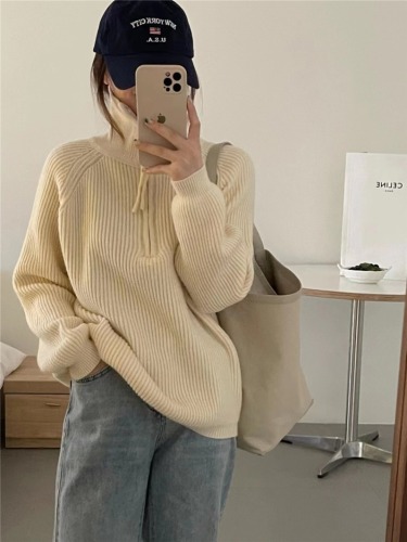 Korean Retro Half-Zip Collar Relaxed Loose Women's Autumn/Winter New Cashmere Sweater Soft Knit Top