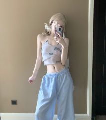 實拍~蝴蝶印花掛脖吊帶+提花緞面高腰闊腿褲女夏薄款涼涼褲