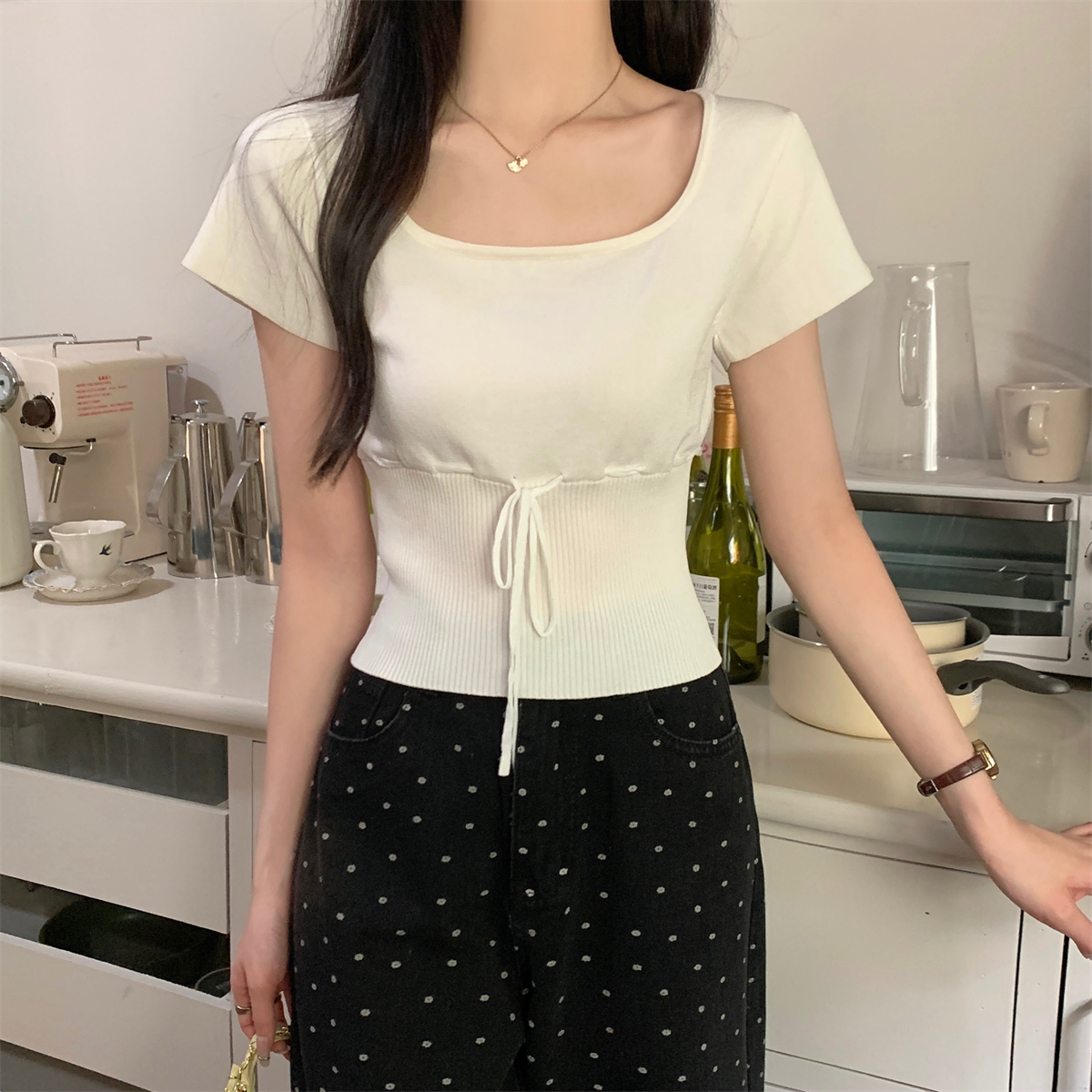 Photographed Summer Korean-style Square Collar Sweet Fitted Short-Sleeve Tie-Design Knit Top