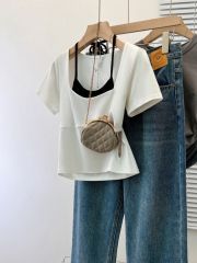 實拍 40支純棉 2024夏裝不規則純棉正肩短袖t恤女吊帶