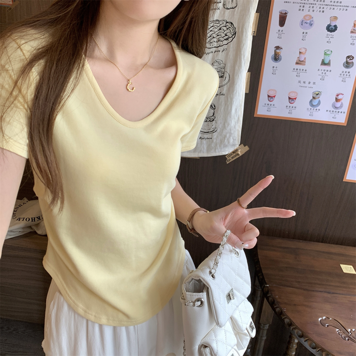 實拍 夏季韓版氣質v領糖果色褶皺設計感百搭短袖T恤上衣