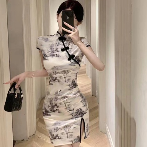 New Chinese-style temperament improved retro national style girl's daily cheongsam summer slimming dress with waist and slits