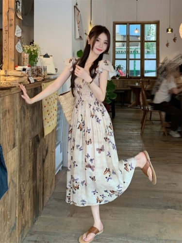 Actual shot of small butterfly mid-length skirt for spring and summer new A-line waist slimming square collar printed cake skirt dress for women