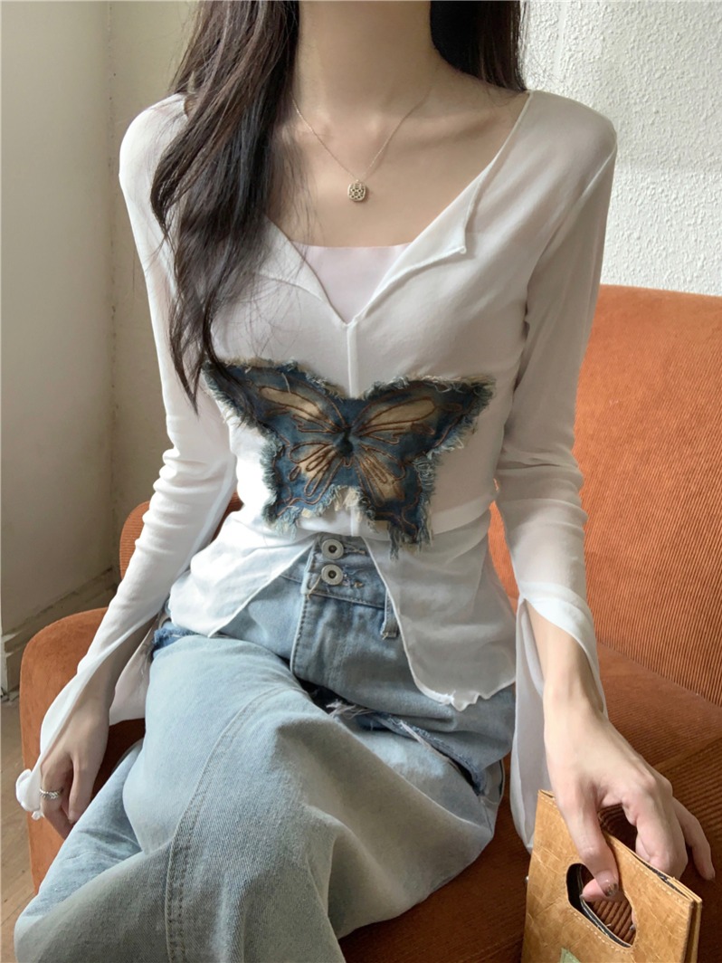 實拍 真 夏季新款蝴蝶貼布開叉防曬罩衫女長袖顯瘦收腰上衣