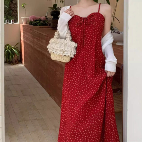 2024 new summer Korean style pure lust red floral suspender skirt French holiday slimming temperament long dress for women