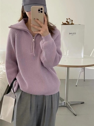 Korean Retro Half-Zip Collar Relaxed Loose Women's Autumn/Winter New Cashmere Sweater Soft Knit Top