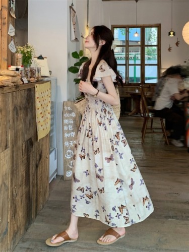 Actual shot of small butterfly mid-length skirt for spring and summer new A-line waist slimming square collar printed cake skirt dress for women