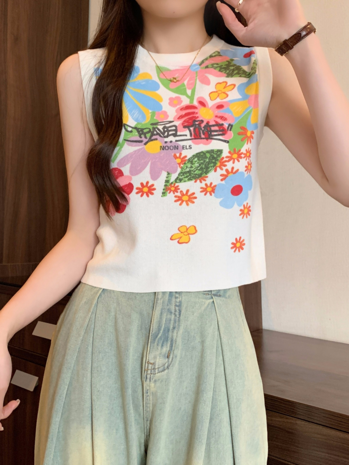 莫代爾女美式復古外穿塗鴉花朵背心夏季新款純欲辣妹上衣