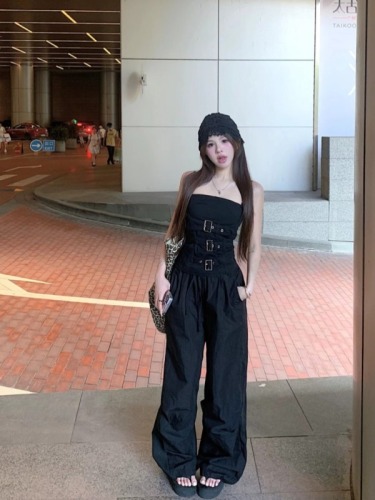 Actual shot of dark design niche suspenders + American loose slimming ice-like drawstring wide-leg pants