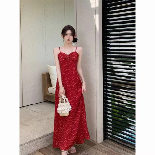 2024 new summer Korean style pure lust red floral suspender skirt French holiday slimming temperament long dress for women