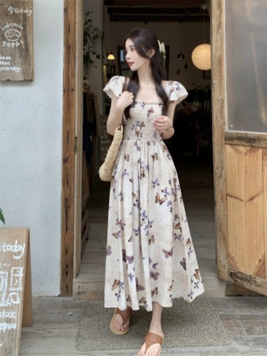 Actual shot of small butterfly mid-length skirt for spring and summer new A-line waist slimming square collar printed cake skirt dress for women