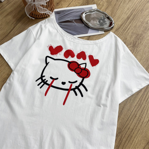 Circle cooky summer kitty cartoon print large neckline short-sleeved t-shirt niche thin white off-shoulder top