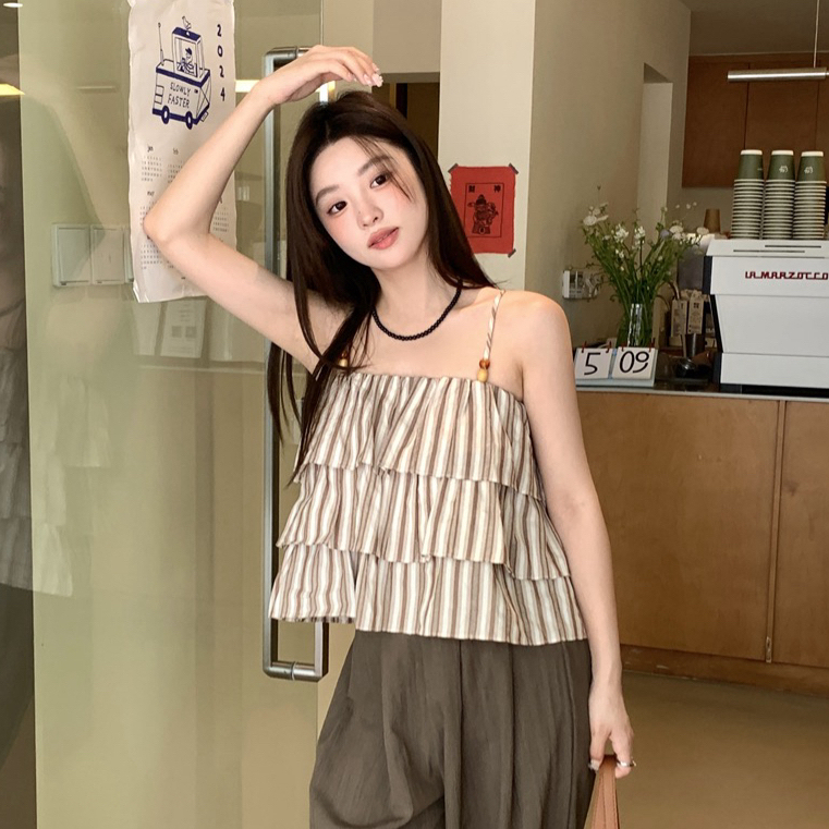 法式荷葉邊吊帶小眾外穿韓版短款絕美遮副乳無袖上衣夏季女