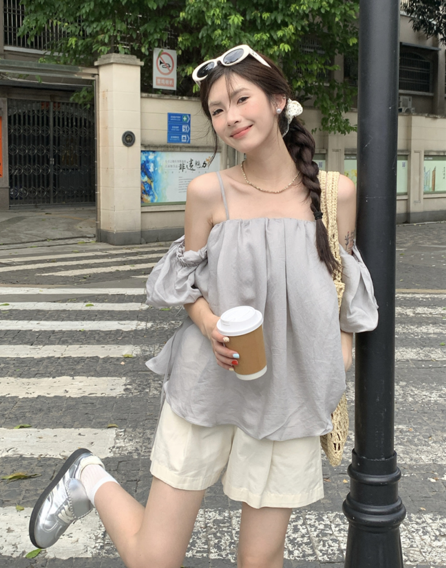 實拍！法式氛圍感甜美純欲風露肩吊帶小衫慵懶泡泡寬鬆顯瘦上衣女