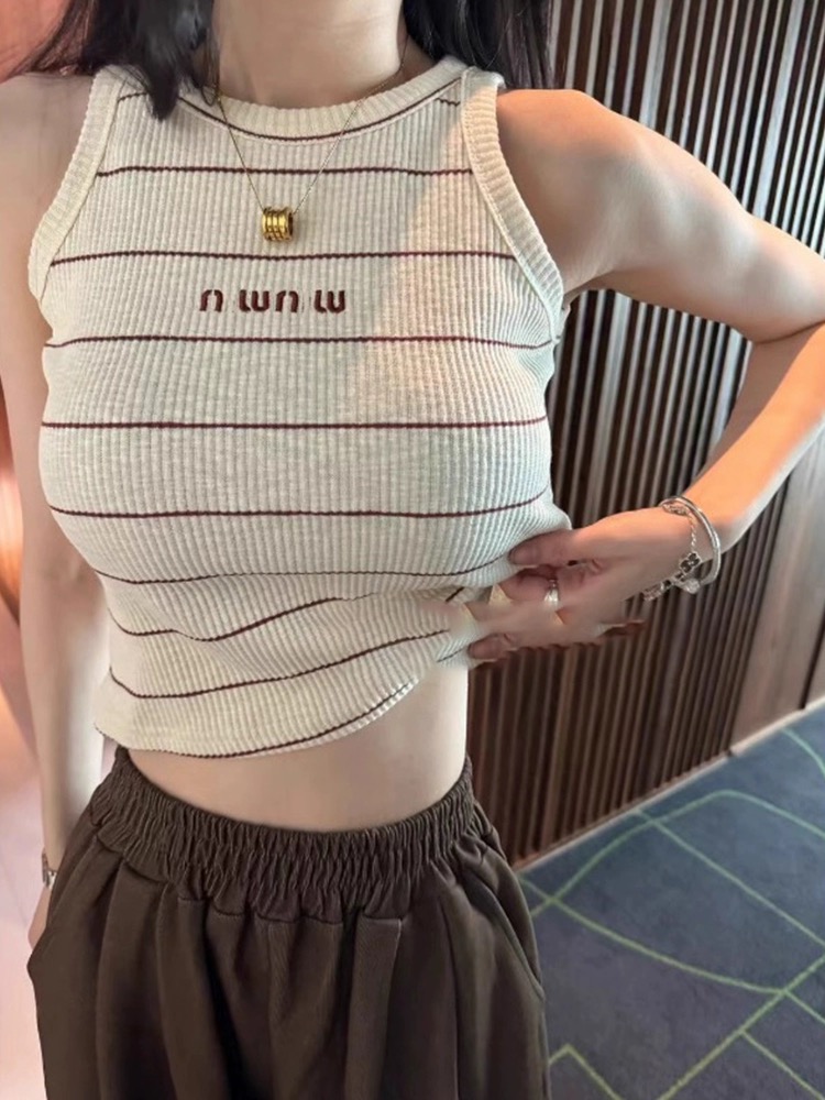字母刺繡條紋背心女2024春夏季新款韓版洋氣修身顯瘦美背短上衣女