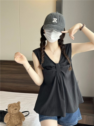 Actual shot ~ Summer new bow V-neck solid color vest shirt