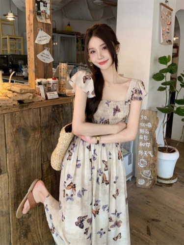 Actual shot of small butterfly mid-length skirt for spring and summer new A-line waist slimming square collar printed cake skirt dress for women