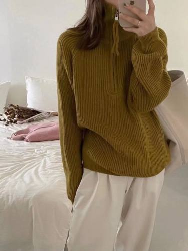 Korean Retro Half-Zip Collar Relaxed Loose Women's Autumn/Winter New Cashmere Sweater Soft Knit Top