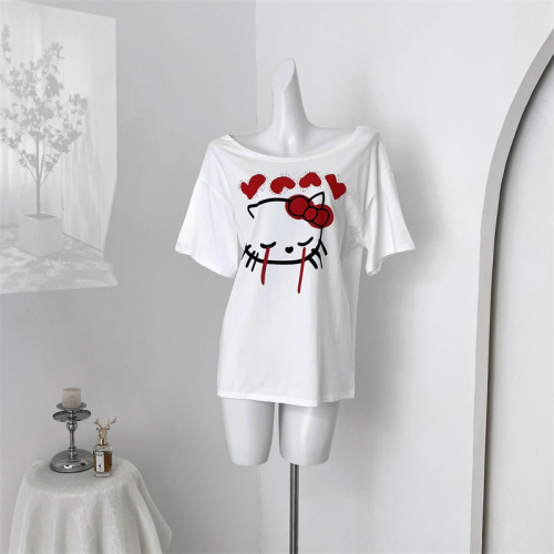 Circle cooky summer kitty cartoon print large neckline short-sleeved t-shirt niche thin white off-shoulder top