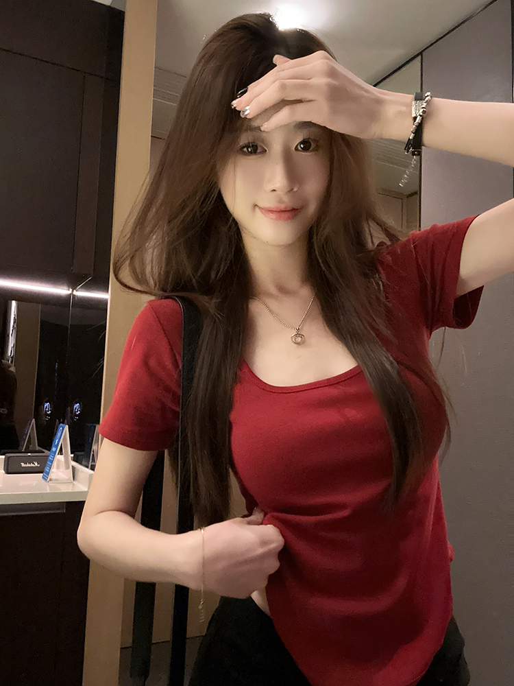 Actual shot ~ Internet celebrity style pure lust style, generous collar, slimming, irregular shoulder, short-sleeved T-shirt, women's top summer