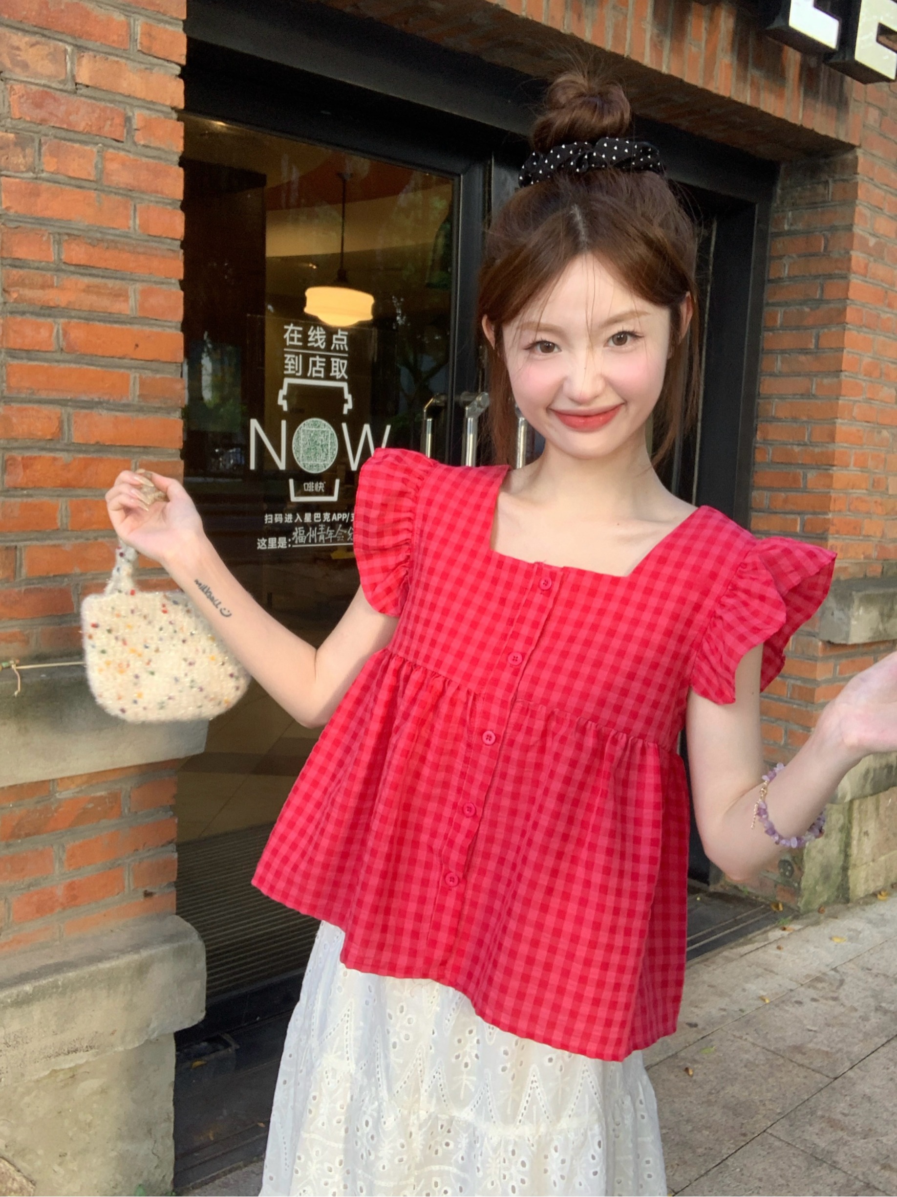 實拍  樹莓色格子小飛袖上衣女夏奶甜背心外穿小眾寬鬆上衣夏