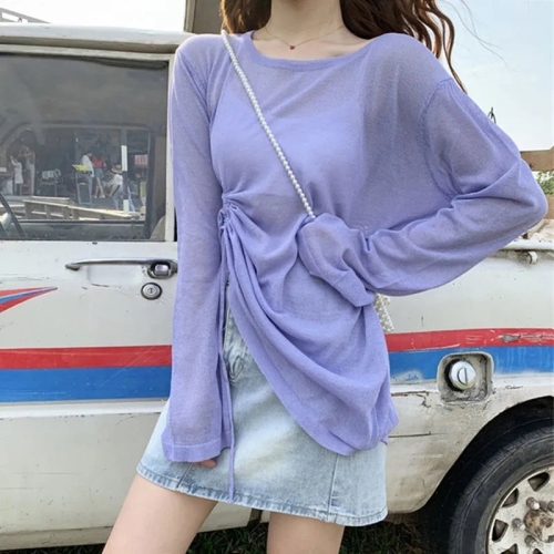 Thin women's new summer beach long-sleeved sun protection clothing loose blouse drawstring top air-conditioned shirt