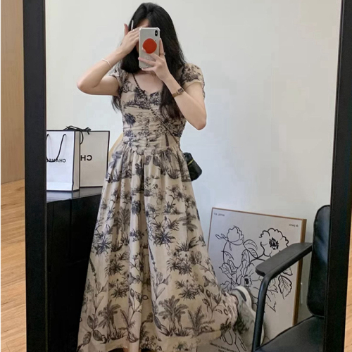 New Chinese style ink print square neck short-sleeved dress for women summer high-end temperament waist slimming A-line long skirt