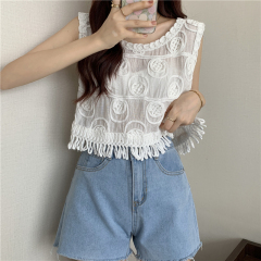 實拍~新款設計感鈎花鏤空短款拼接流蘇背心上衣女