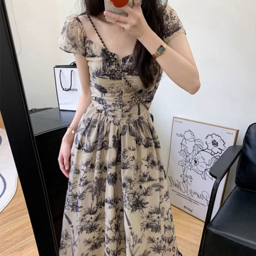 New Chinese style ink print square neck short-sleeved dress for women summer high-end temperament waist slimming A-line long skirt