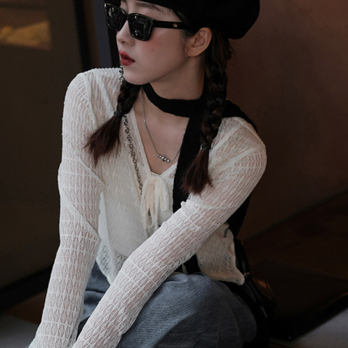 Official photo Ice silk mesh sun protection shirt fairy summer thin air-conditioned lace cardigan with lace-up top jacket