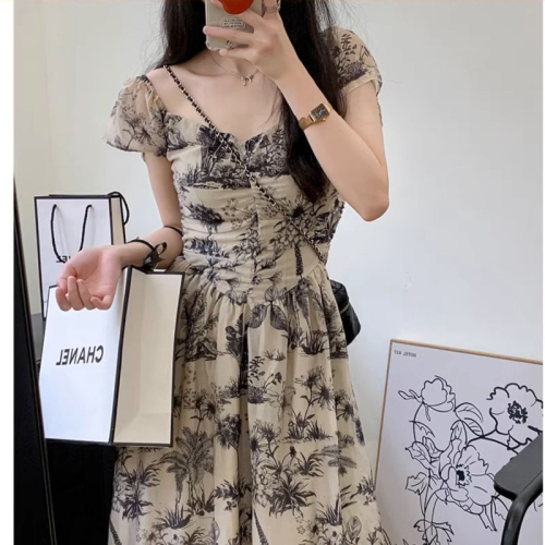 New Chinese style ink print square neck short-sleeved dress for women summer high-end temperament waist slimming A-line long skirt