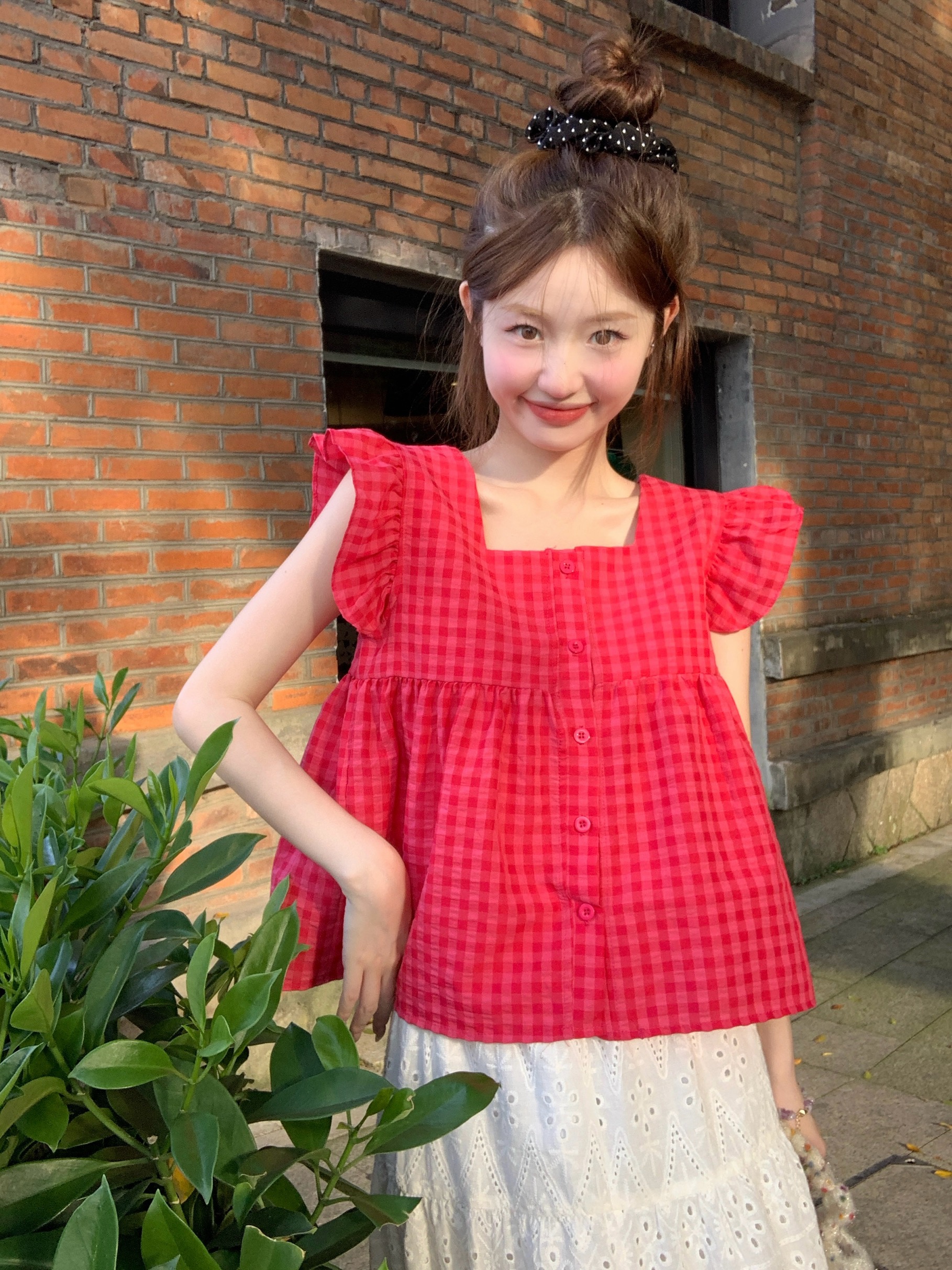 實拍  樹莓色格子小飛袖上衣女夏奶甜背心外穿小眾寬鬆上衣夏