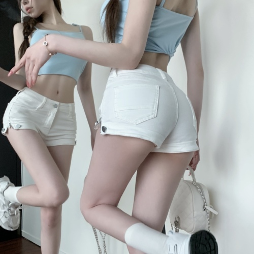 Real shot!  Hot girl's summer niche side zipper tight denim shorts slim fit hip-hugging hot pants trendy