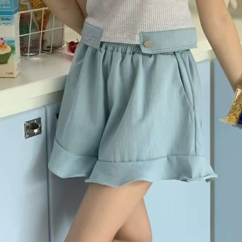 Summer fresh ruffled lace elastic denim shorts