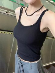 Lingerie-style lace trim women's summer adjustable slimming knit crew neck top for layering and outerwear