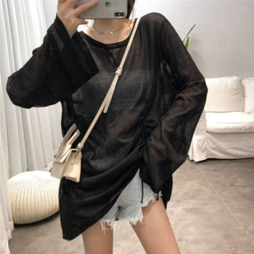 Thin women's new summer beach long-sleeved sun protection clothing loose blouse drawstring top air-conditioned shirt