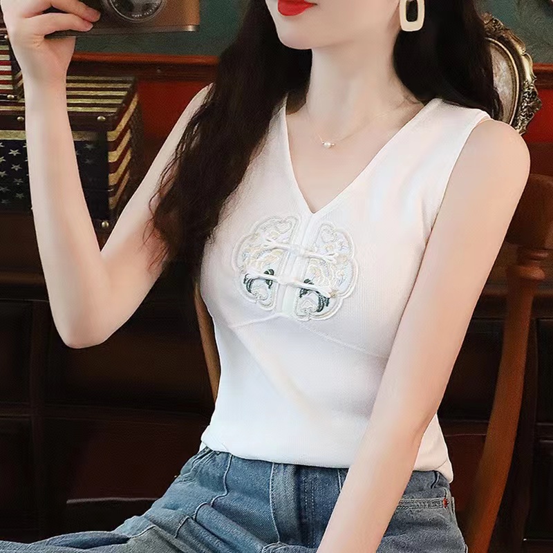 夏季無袖T恤女2024新款洋氣新中式刺繡白色國風純棉背心女裝上衣