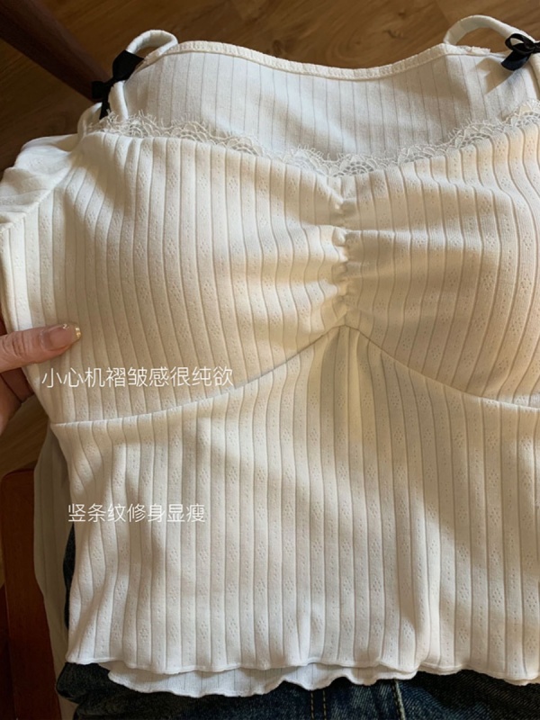 Pure Desire BM Style Bow Ribbon Lace Straps T-shirt for Women Spring Autumn Layering Soft Small Figure Sweet and Spicy Base Top Shirt