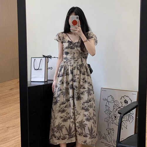 New Chinese style ink print square neck short-sleeved dress for women summer high-end temperament waist slimming A-line long skirt