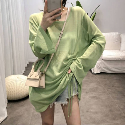 Thin women's new summer beach long-sleeved sun protection clothing loose blouse drawstring top air-conditioned shirt