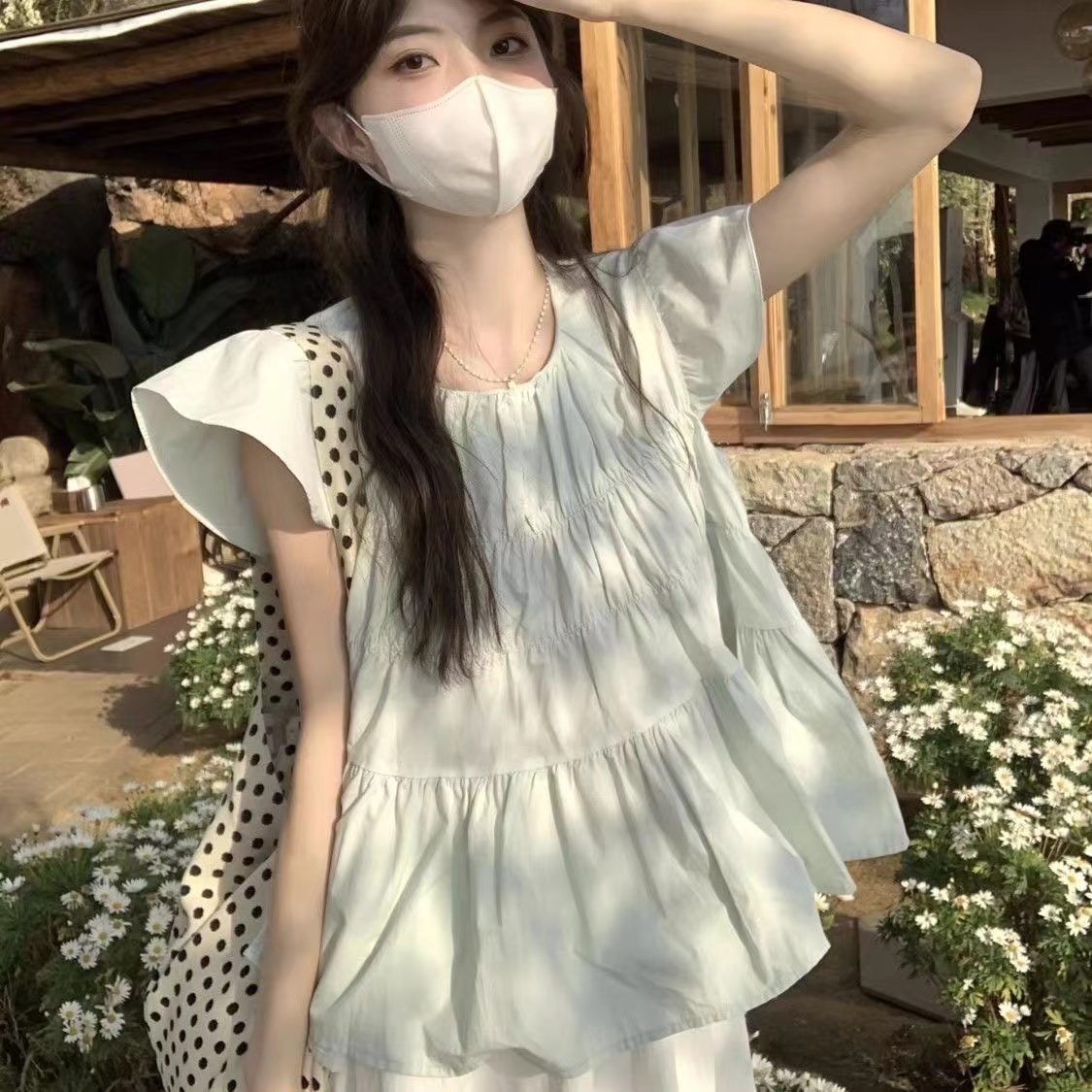 夏季新款韓系甜美寬鬆褶皺娃娃上衣小衫