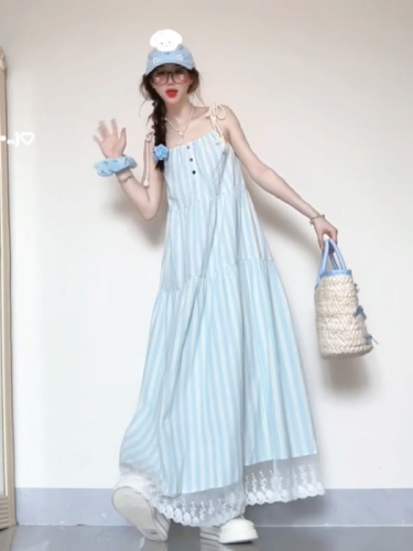 Sweet blue striped suspender dress for women 2024 new summer seaside resort style super beautiful long dress