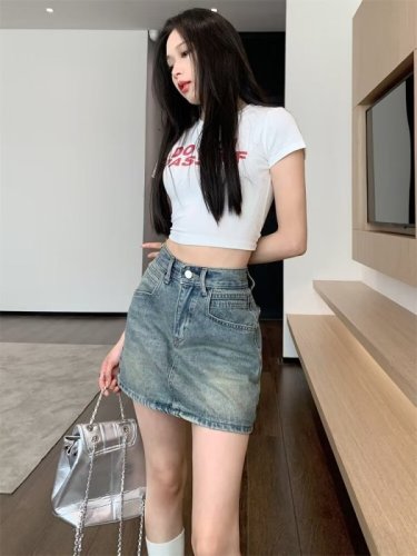 American Distressed Hot Girl Denim Skirt Women's 2024 Summer New High Waist Slim A-Line Hip Skirt Short Skirt