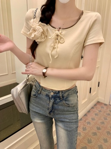 Real shot of 260 grams of fine cotton French thread short-sleeved T-shirt summer trend lace-up slim short round neck top for women